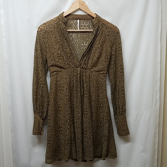 Free People- Olive Green Uptown Lace Mini Dress